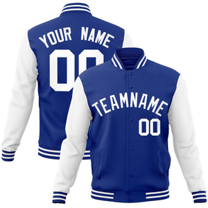 Veste Letterman Varsity Full-Snap à manches raglan blanches royales personnalisées