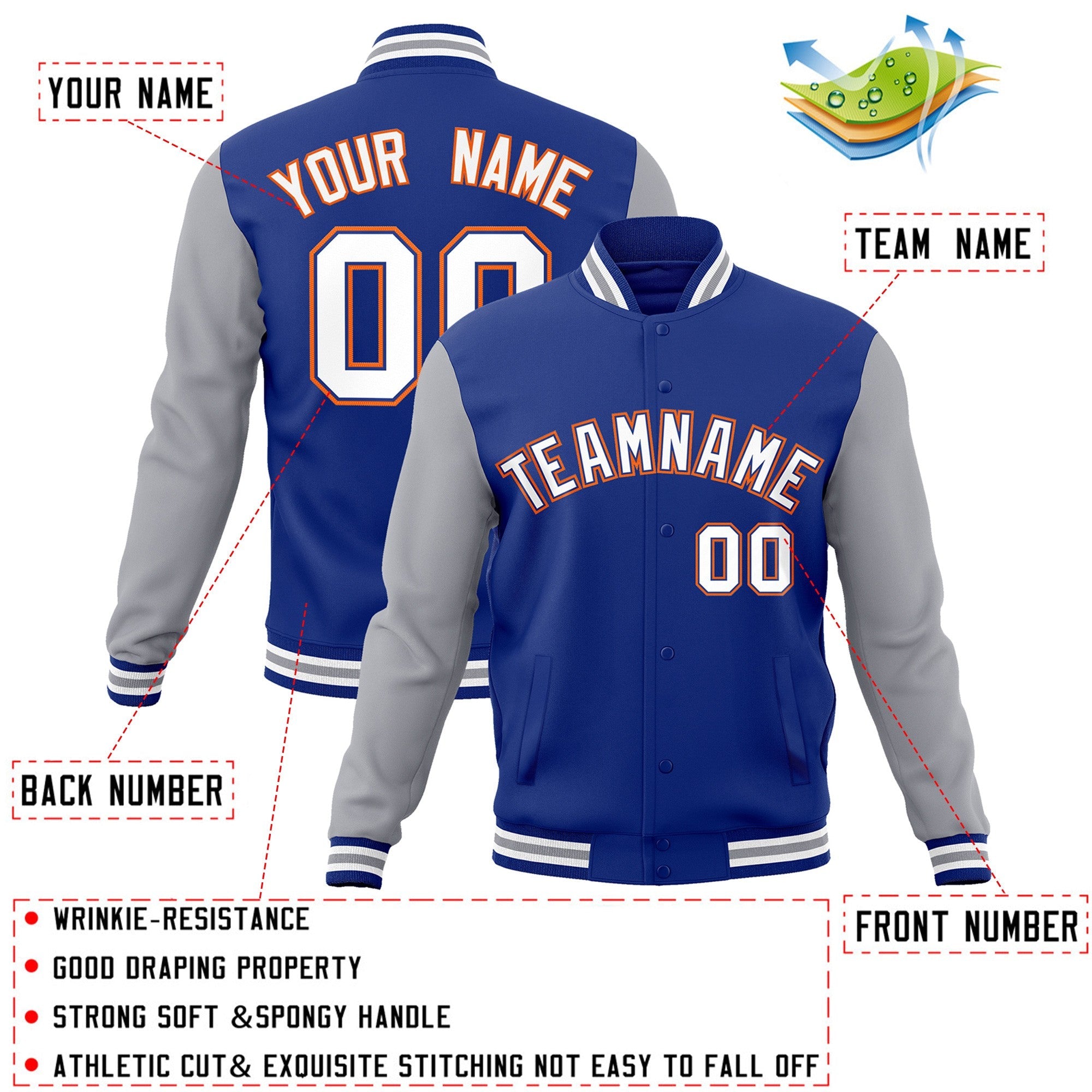 Veste Letterman Varsity Full-Snap Custom Royal White-Royal Raglan Sleeves