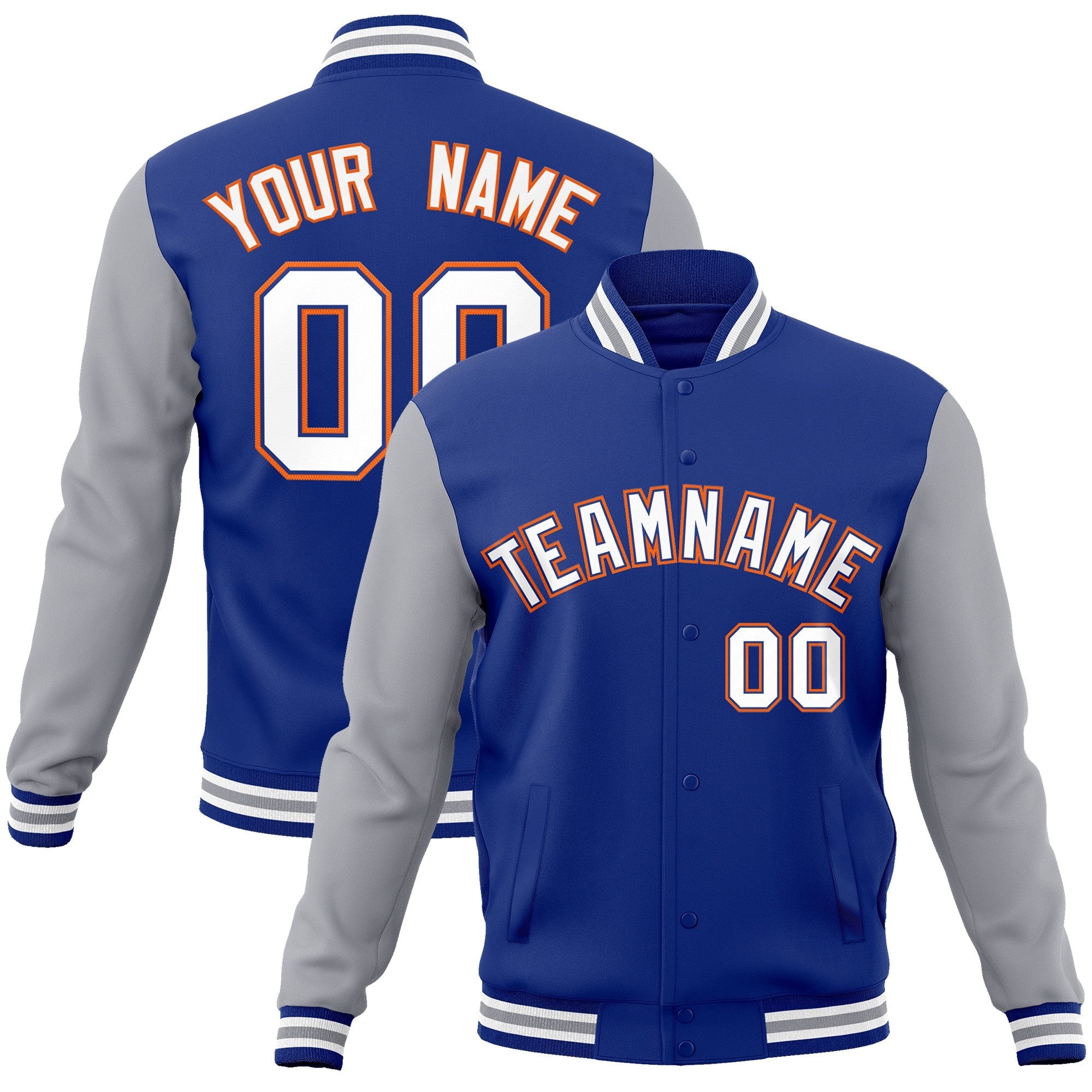 Custom Royal White-Royal Raglan Sleeves Varsity Full-Snap Letterman Jacket