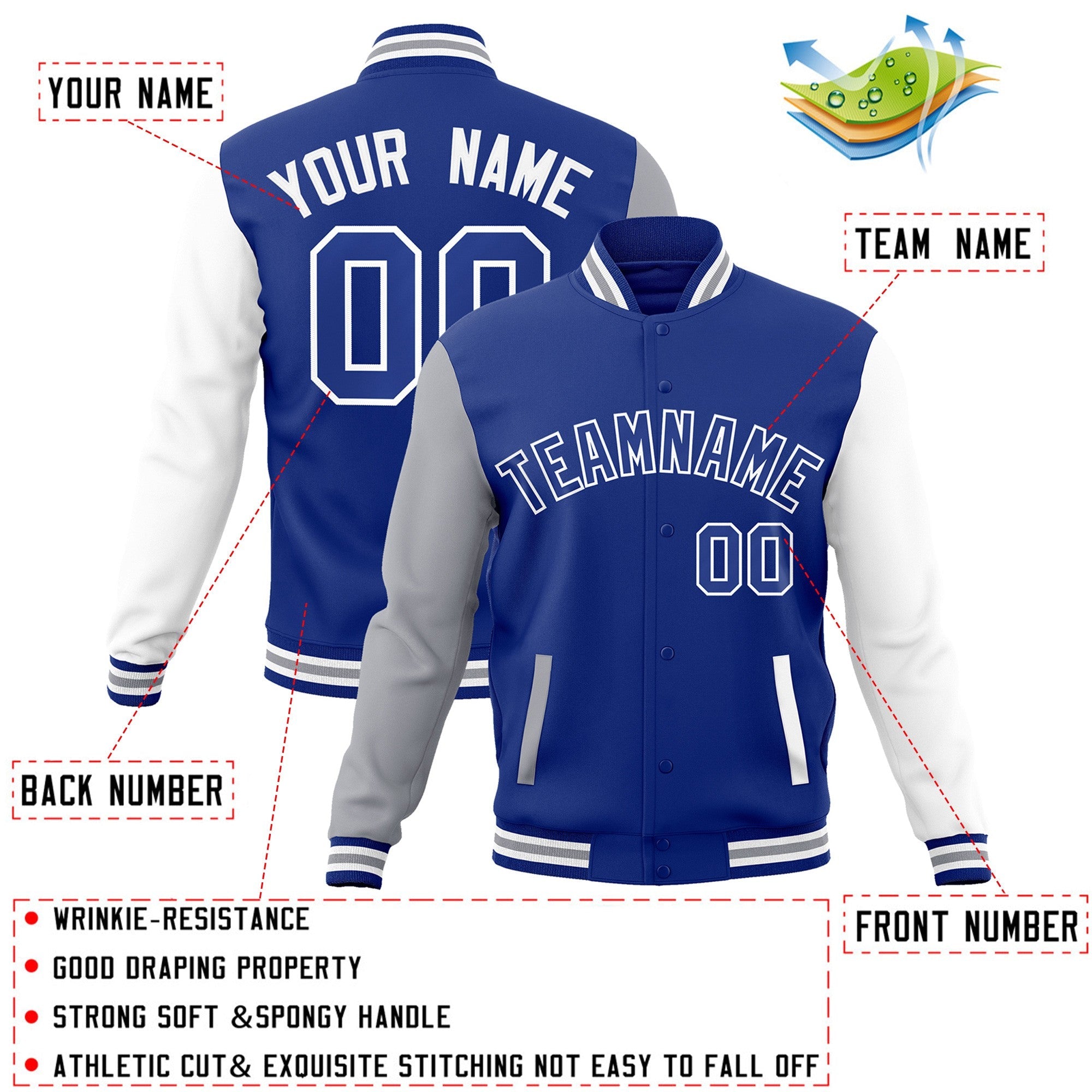 Custom Royal Royal-White Raglan Sleeves Varsity Full-Snap Letterman Jacket