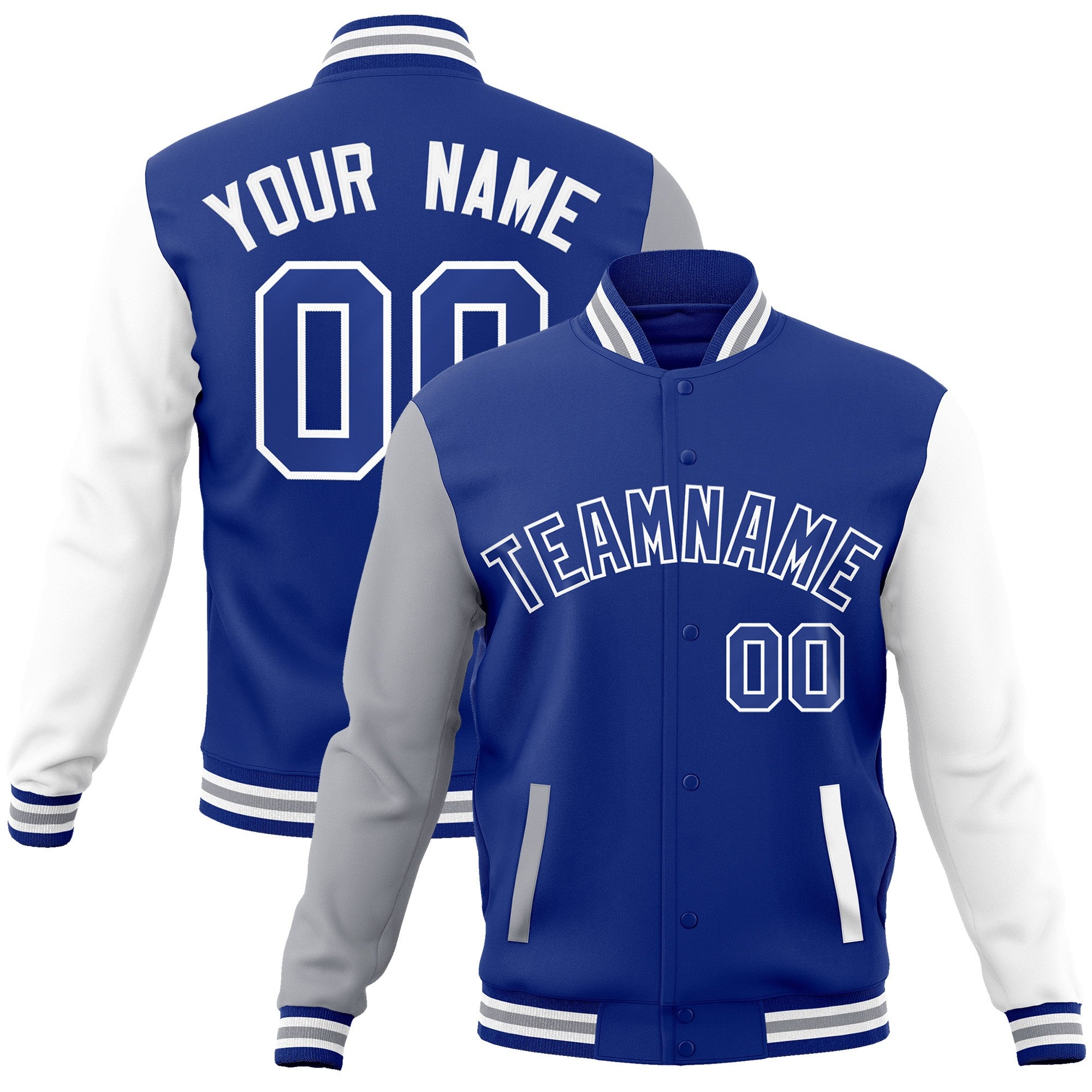 Custom Royal Royal-White Raglan Sleeves Varsity Full-Snap Letterman Jacket