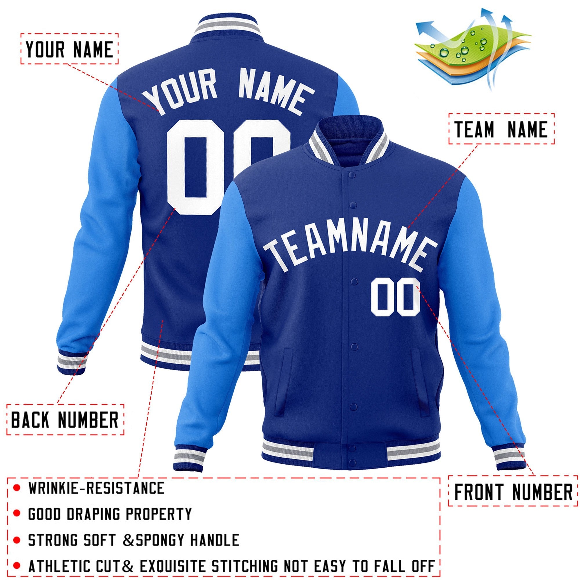 Veste Letterman Varsity Full-Snap à manches raglan blanches royales personnalisées