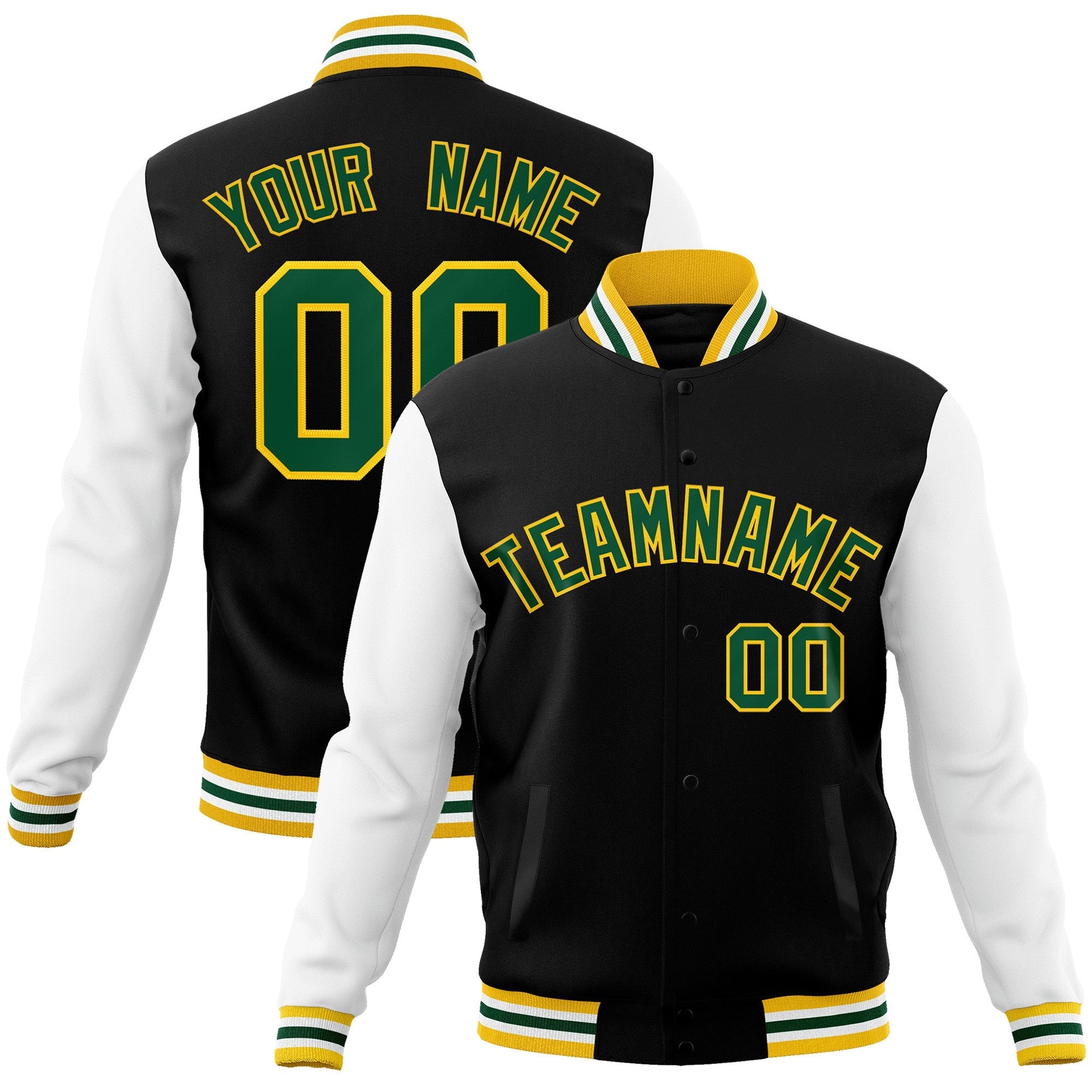 Custom Black Green-Gold Raglan Sleeves Varsity Full-Snap Letterman Jacket