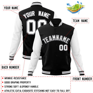 Veste Letterman Varsity Full-Snap à manches raglan personnalisées noir blanc-noir