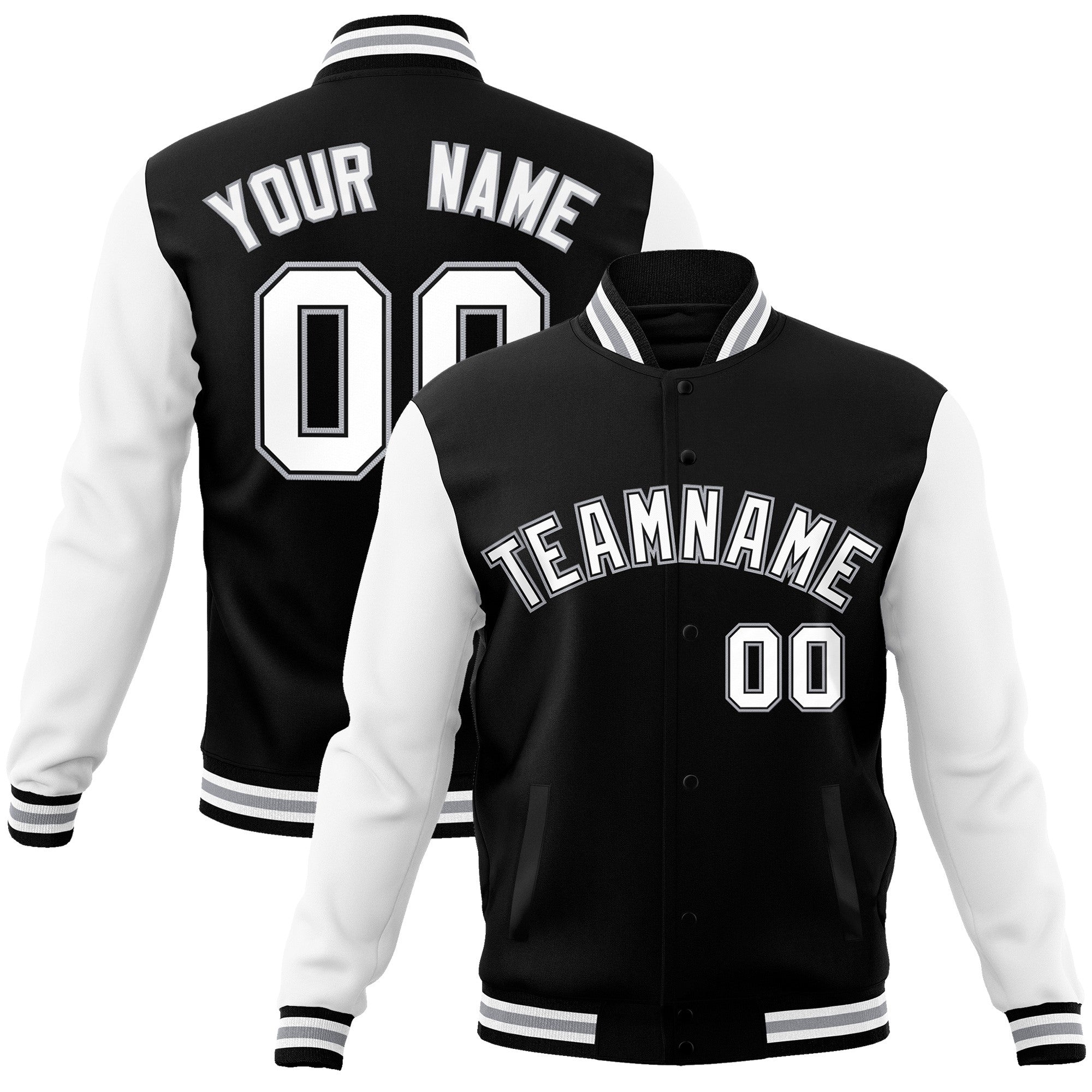 Custom Black White-Black Raglan Sleeves Varsity Full-Snap Letterman Jacket