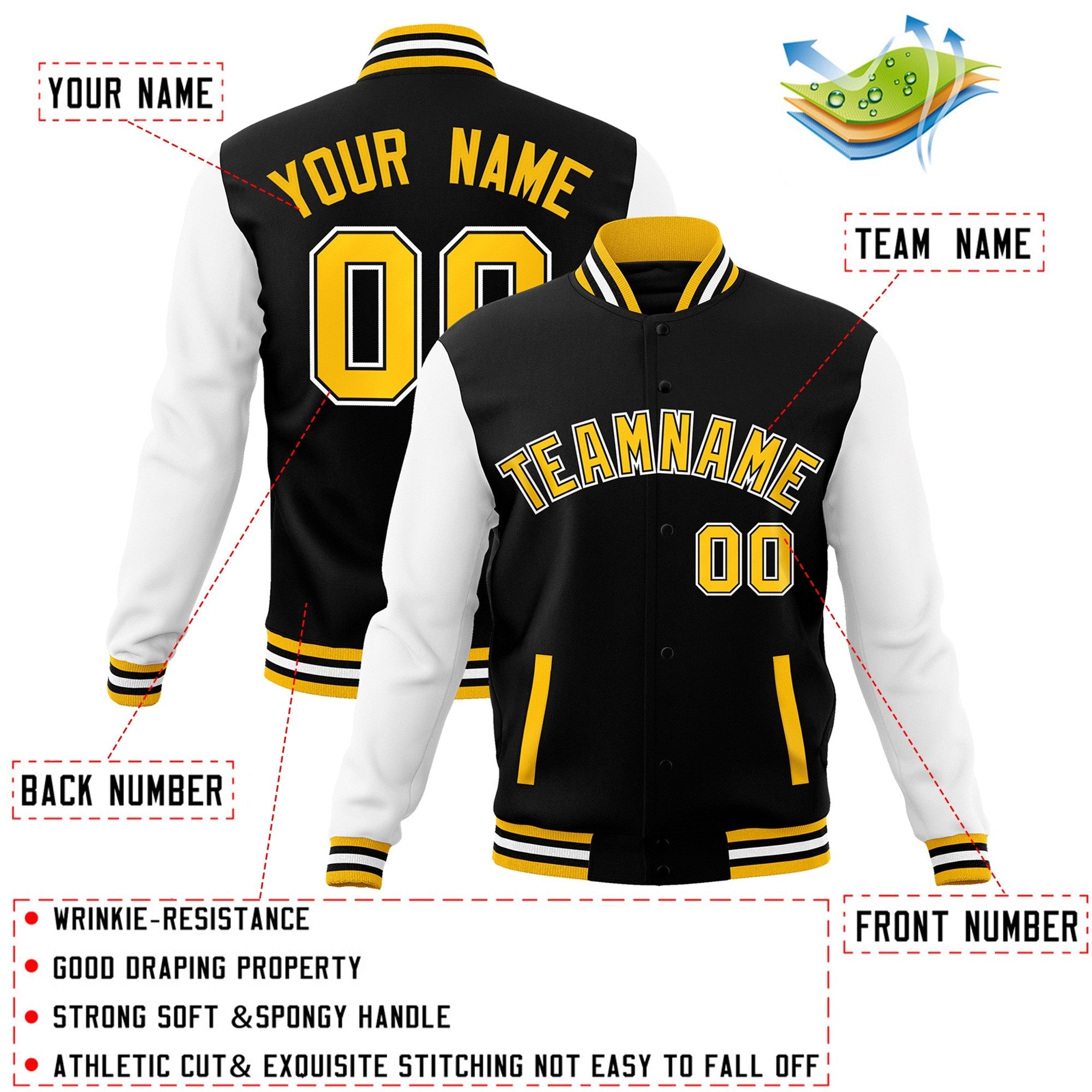 Custom Black Gold-Black Raglan Sleeves Varsity Full-Snap Letterman Jacket