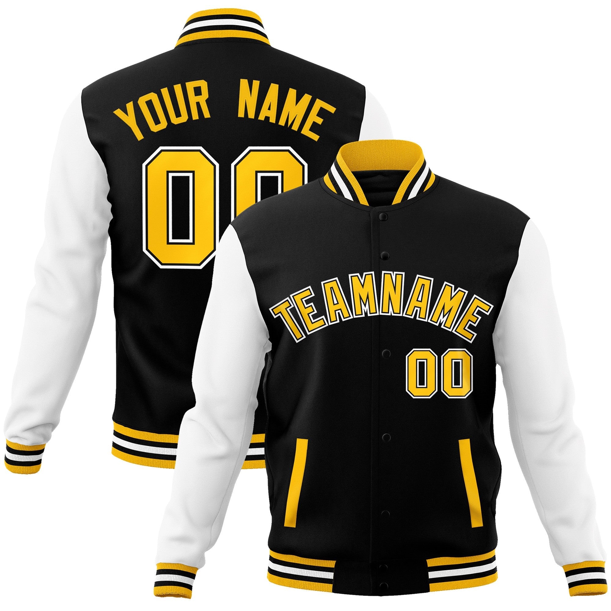 Custom Black Gold-Black Raglan Sleeves Varsity Full-Snap Letterman Jacket