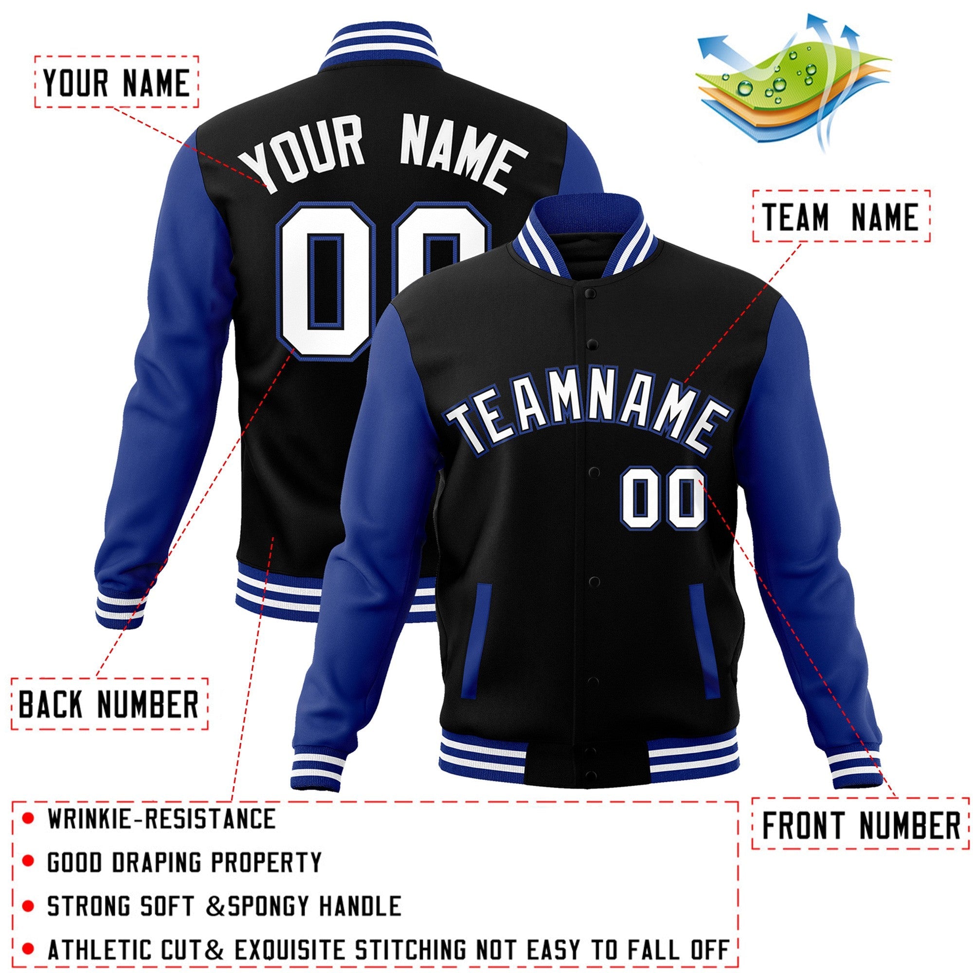 Veste Letterman Varsity Full-Snap à manches raglan personnalisées noir blanc-noir