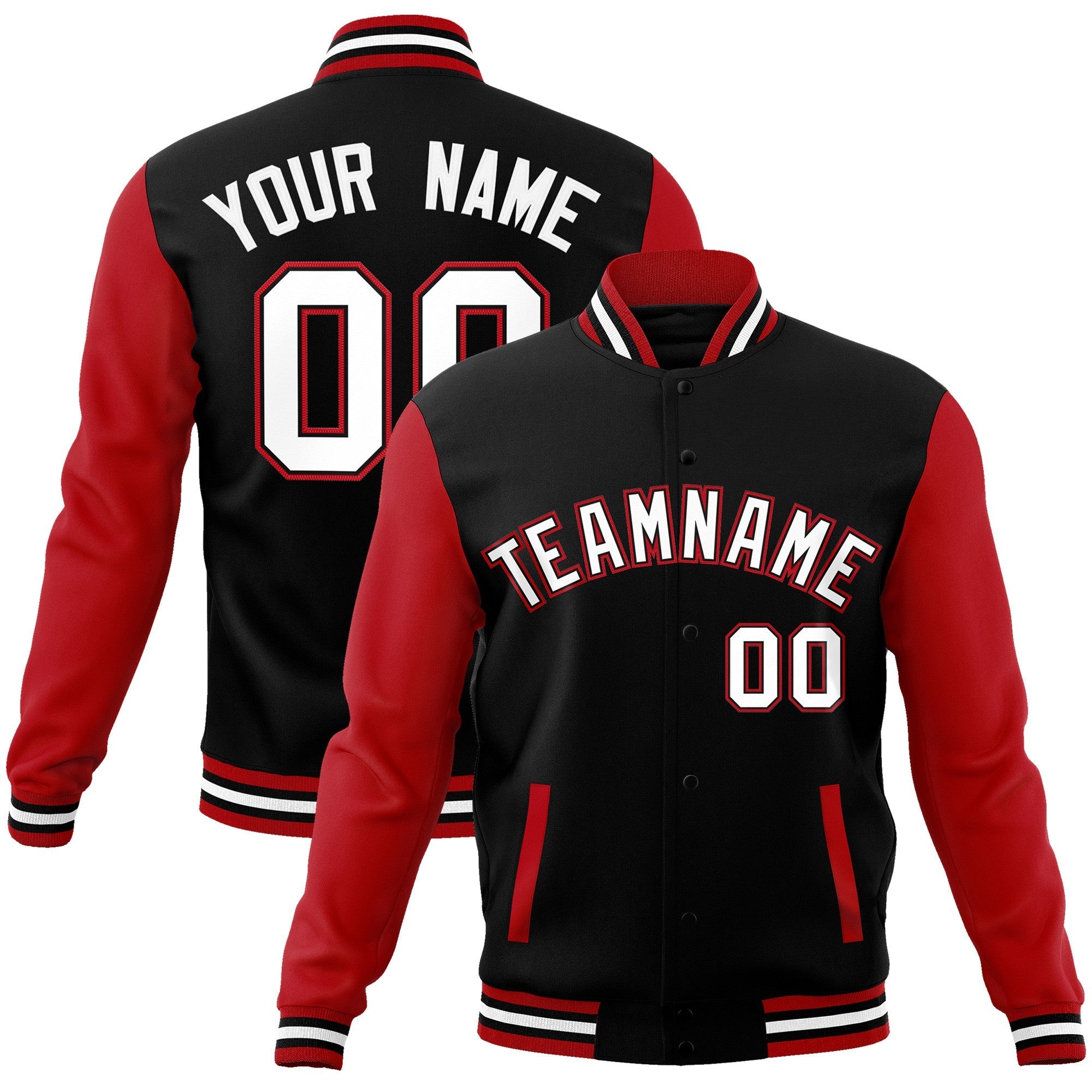 Custom Black White-Black Raglan Sleeves Varsity Full-Snap Letterman Jacket