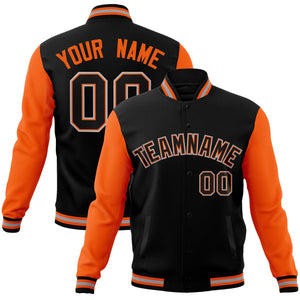 Custom Black Black-Orange Raglan Sleeves Varsity Full-Snap Letterman Jacket