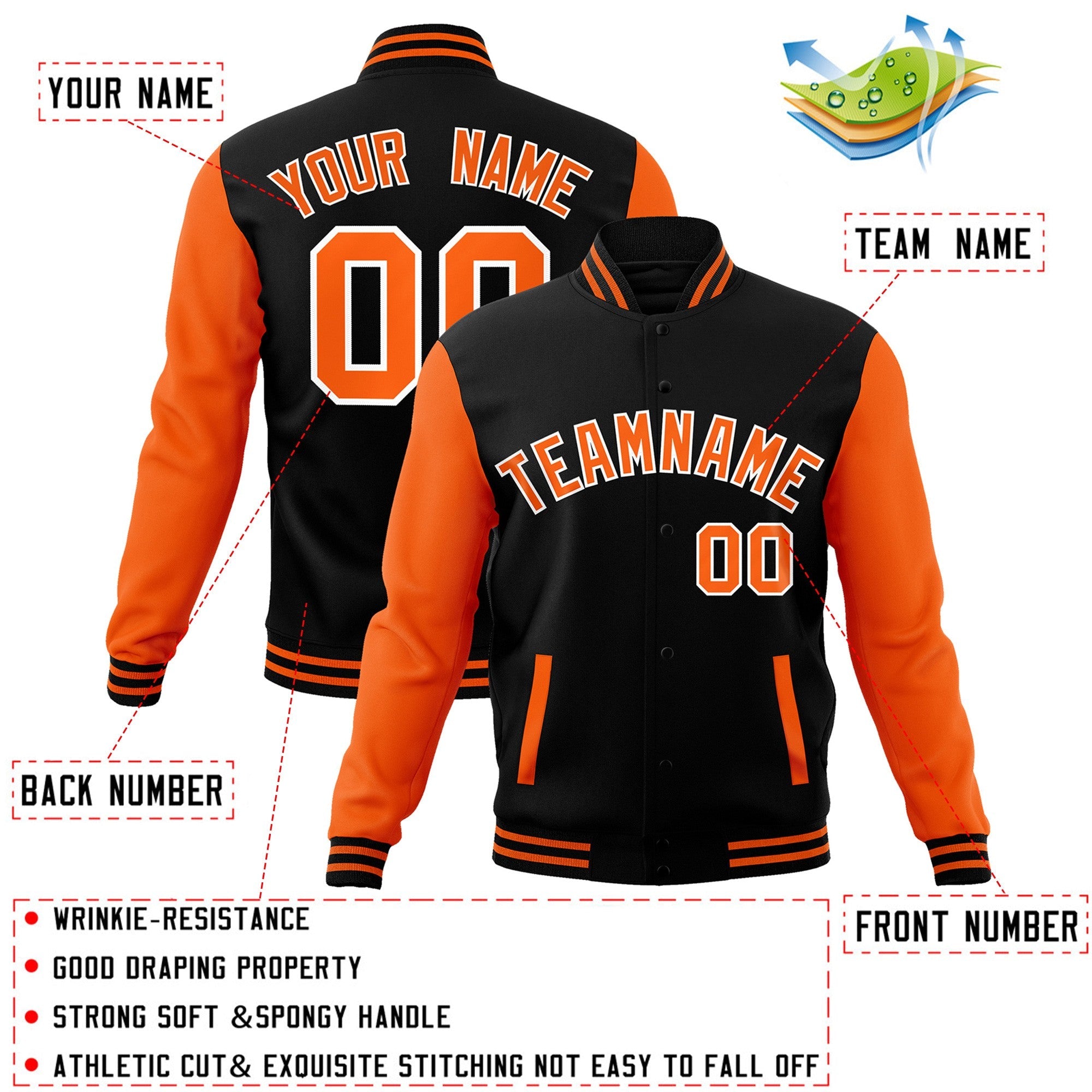 Custom Black Orange-White Raglan Sleeves Varsity Full-Snap Letterman Jacket