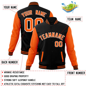 Veste Letterman Varsity Full-Snap personnalisée à manches raglan noir orange-blanc