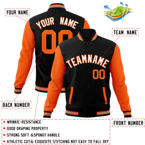 Custom Black White-Orange Raglan Sleeves Varsity Full-Snap Letterman Jacket