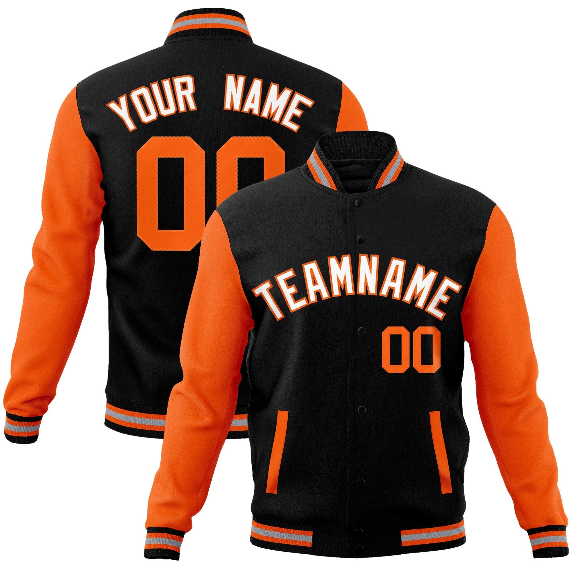 Custom Black White-Orange Raglan Sleeves Varsity Full-Snap Letterman Jacket