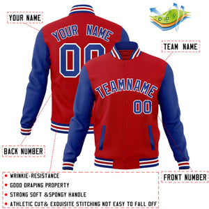 Veste Letterman Varsity Full-Snap à manches raglan rouge royal-blanc personnalisée