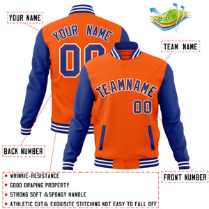 Custom Orange Royal-Orange Raglan Sleeves Varsity Full-Snap Letterman Jacket