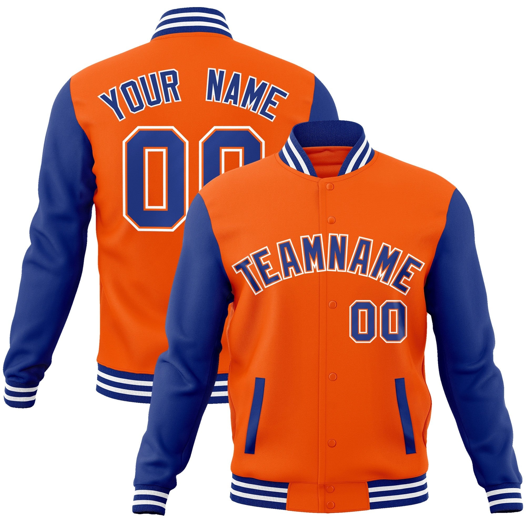 Custom Orange Royal-Orange Raglan Sleeves Varsity Full-Snap Letterman Jacket