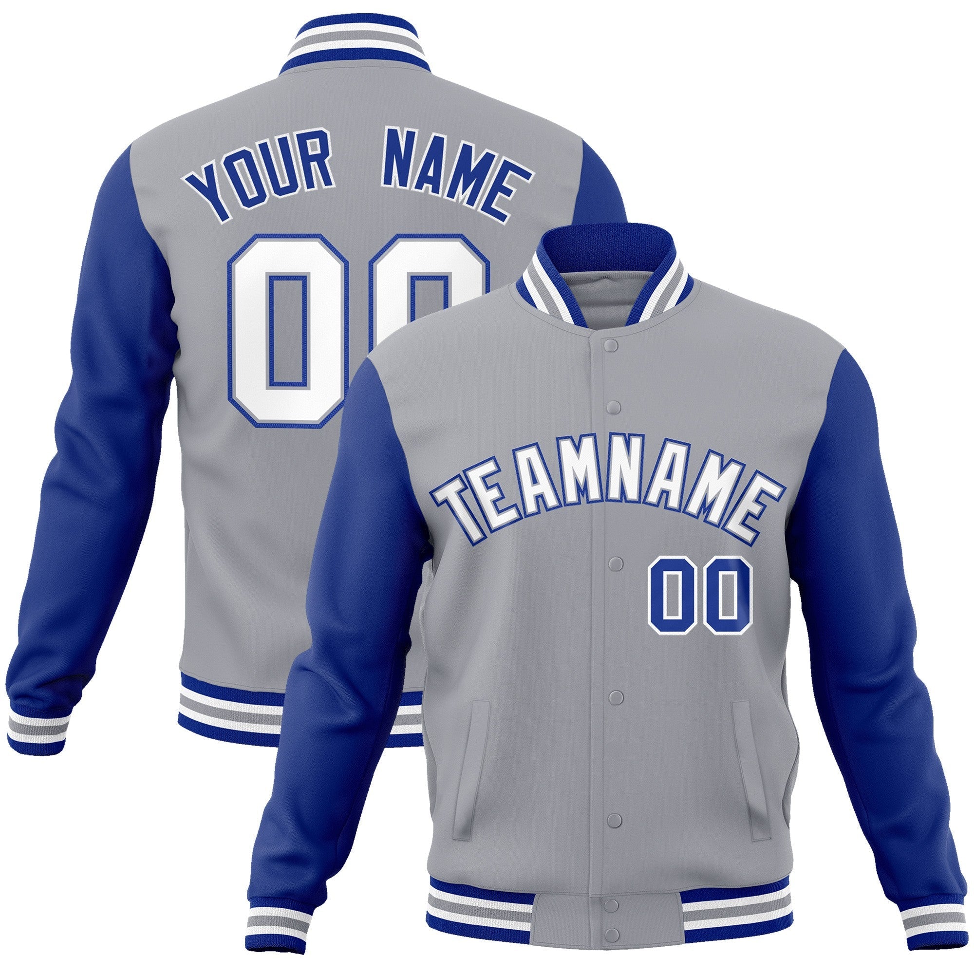 Custom Gray White-Gray Raglan Sleeves Varsity Full-Snap Letterman Jacket