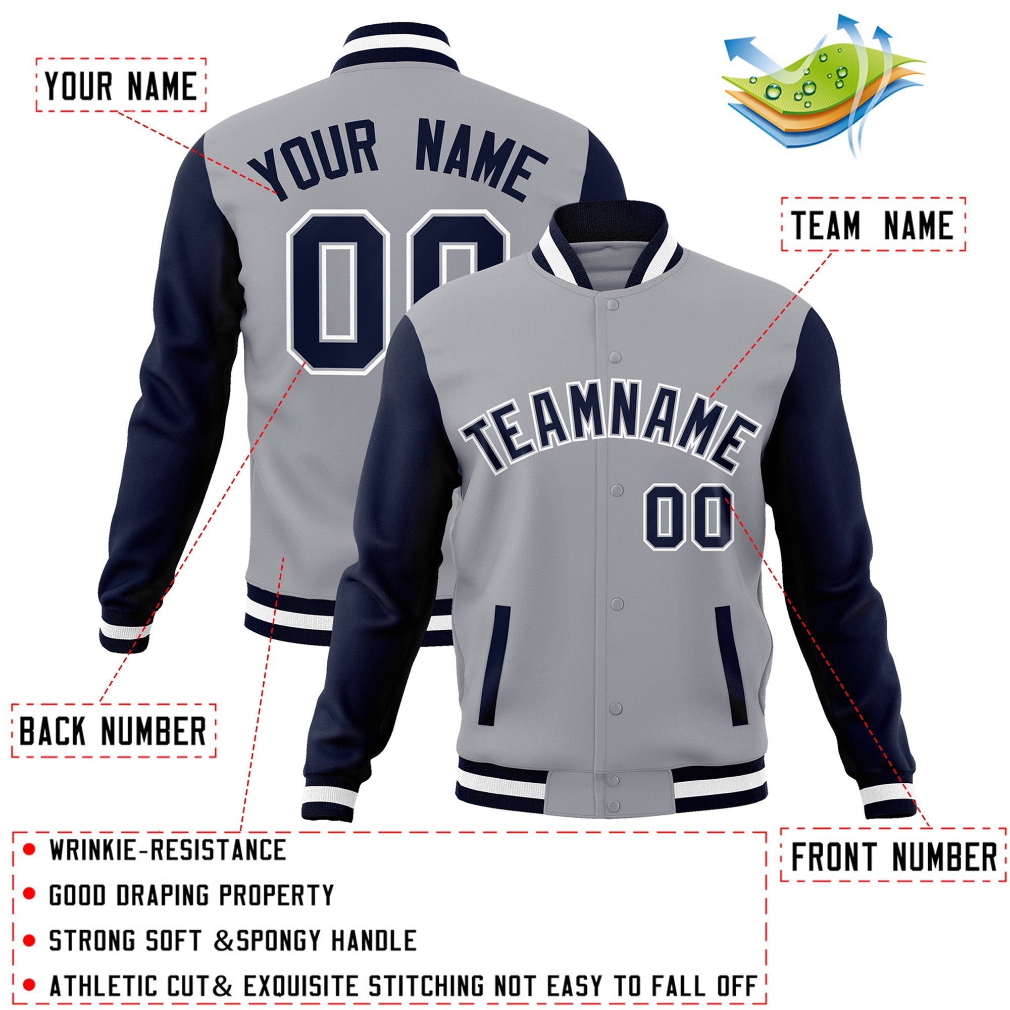 Veste Letterman Varsity Full-Snap à manches raglan gris marine-gris personnalisée