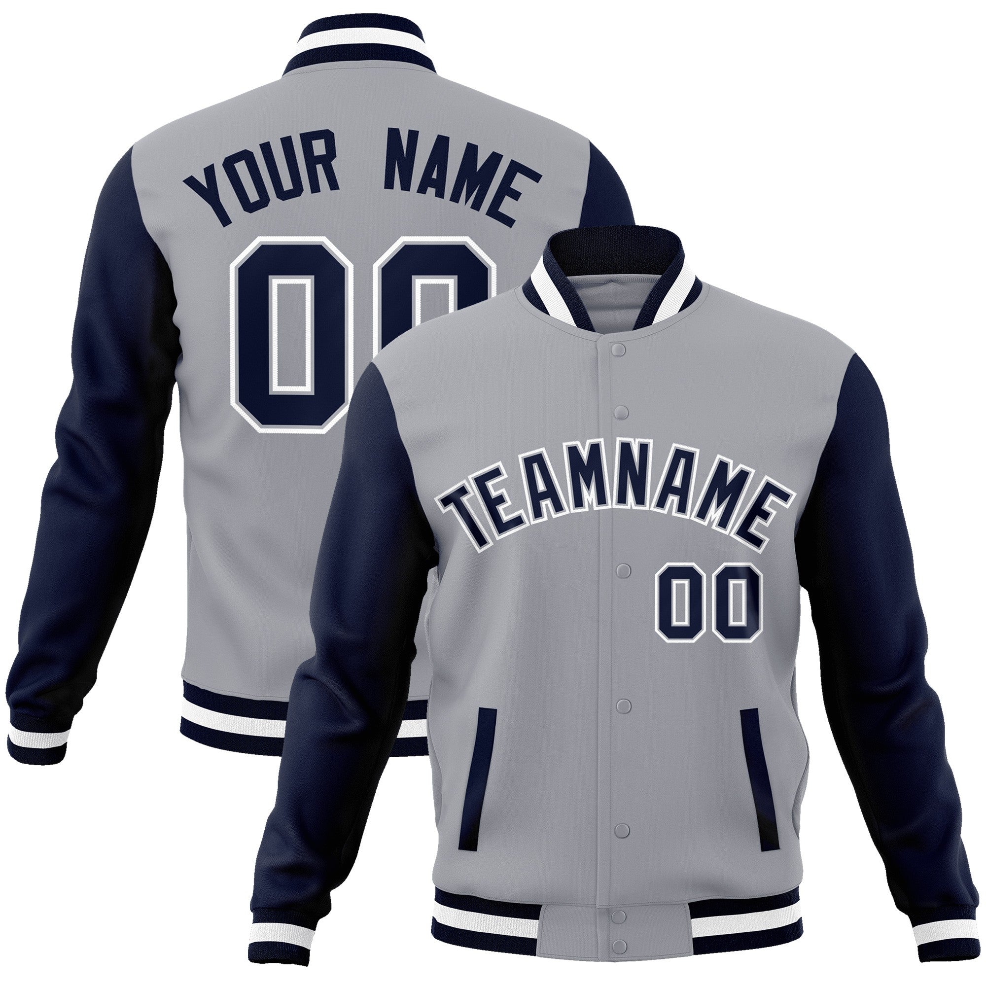 Custom Gray Navy-Gray Raglan Sleeves Varsity Full-Snap Letterman Jacket