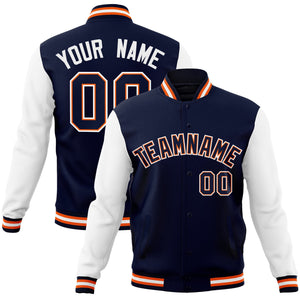 Custom Navy Navy-Orange Raglan Sleeves Varsity Full-Snap Letterman Jacket