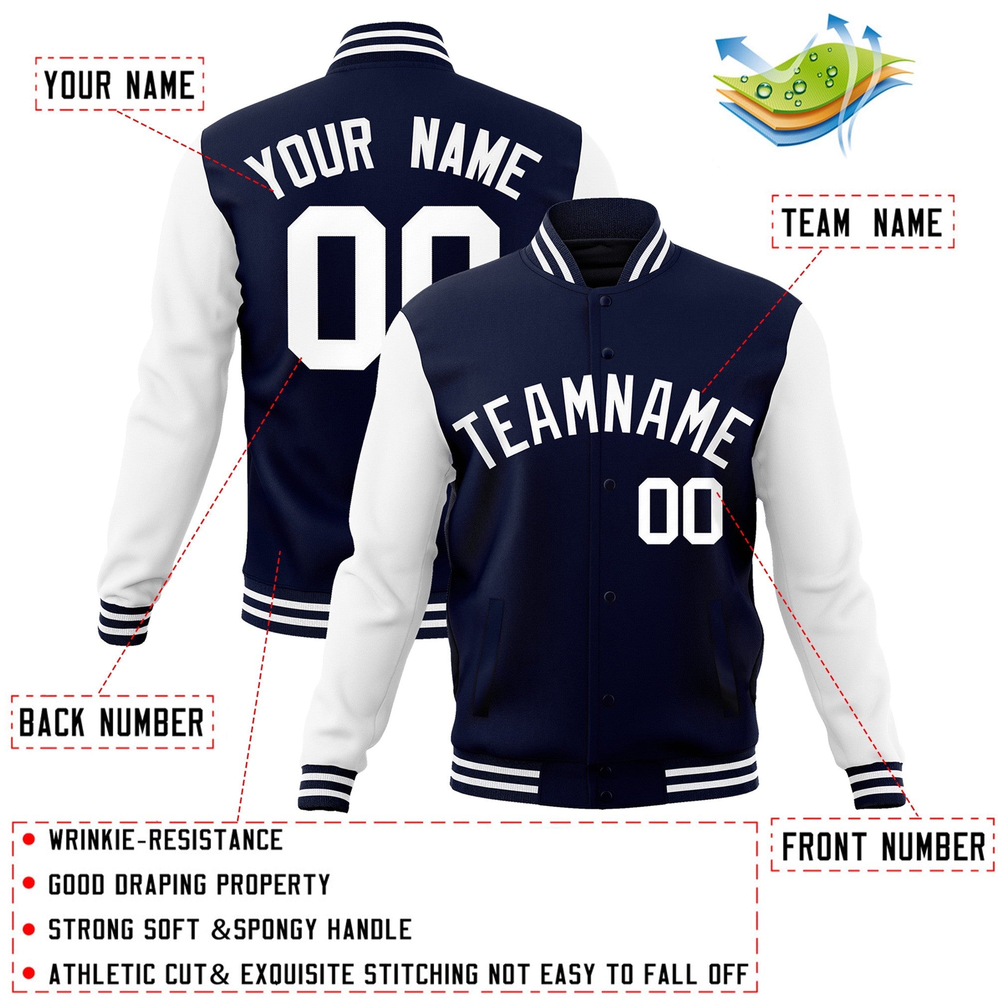 Custom Navy White Raglan Sleeves Varsity Full-Snap Letterman Jacket