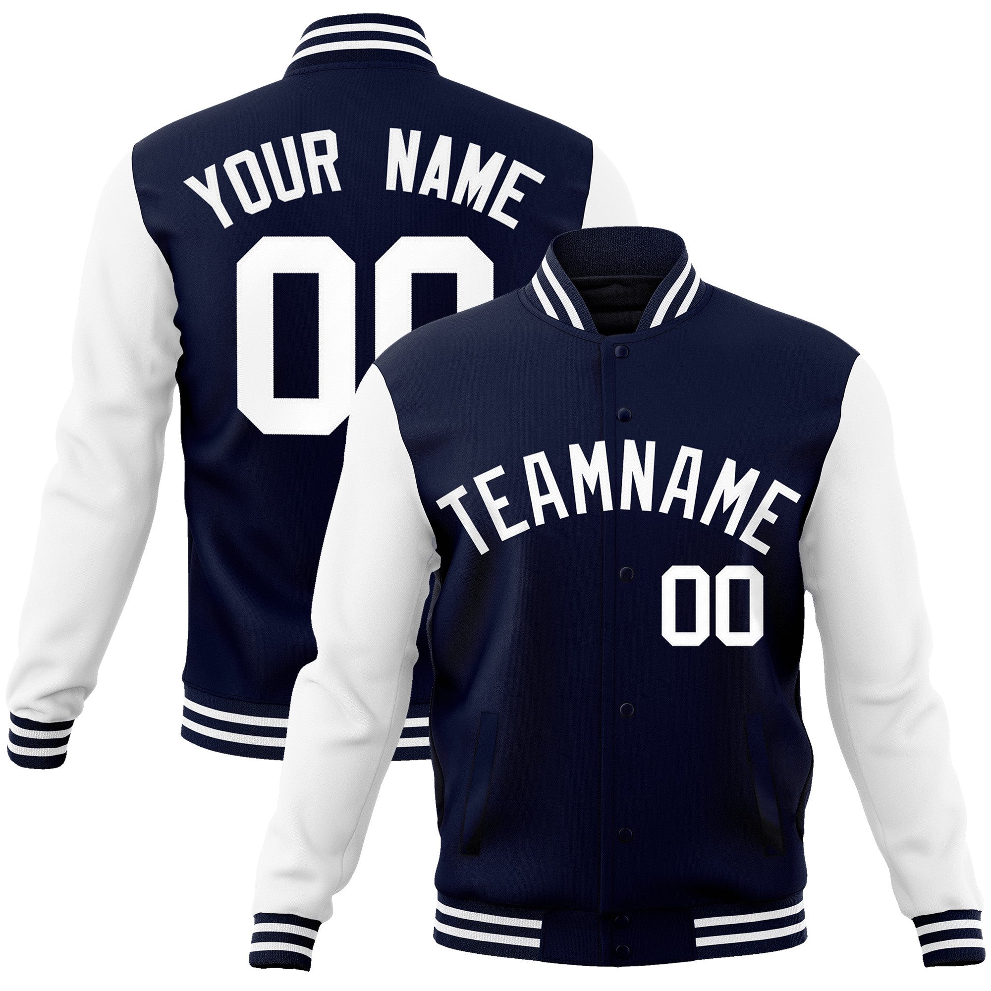 Custom Navy White Raglan Sleeves Varsity Full-Snap Letterman Jacket