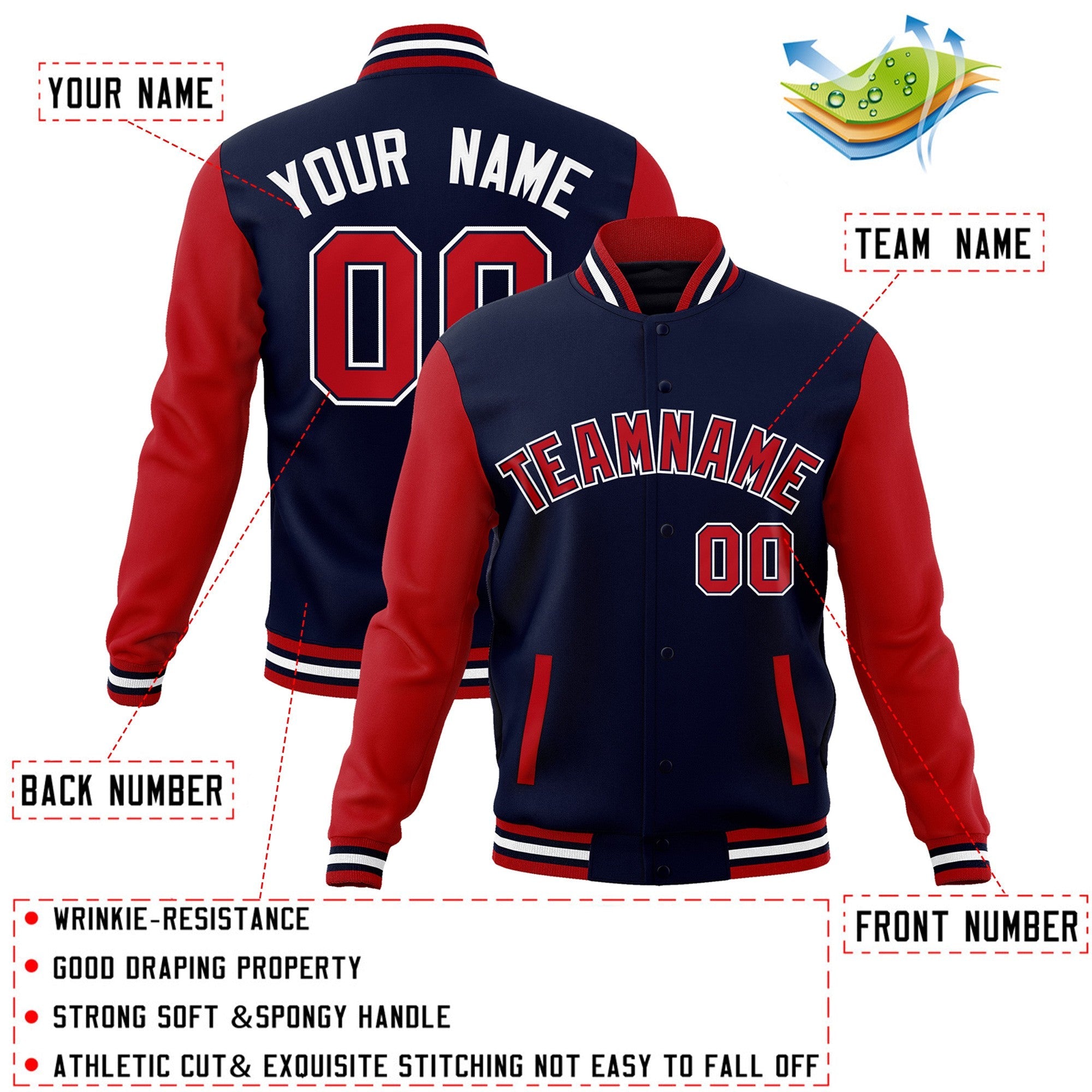 Custom Navy Red-Navy Raglan Sleeves Varsity Full-Snap Letterman Jacket