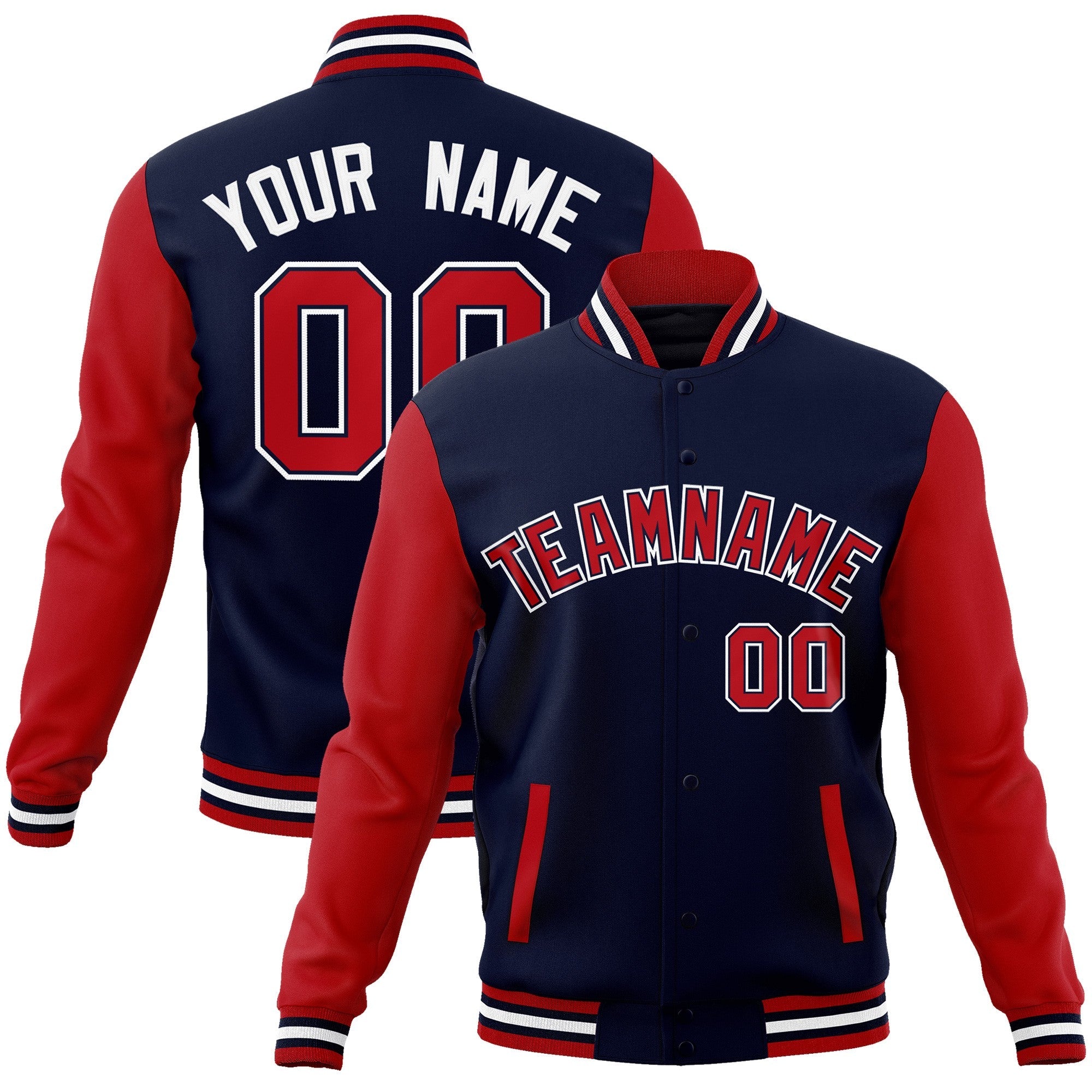 Custom Navy Red-Navy Raglan Sleeves Varsity Full-Snap Letterman Jacket