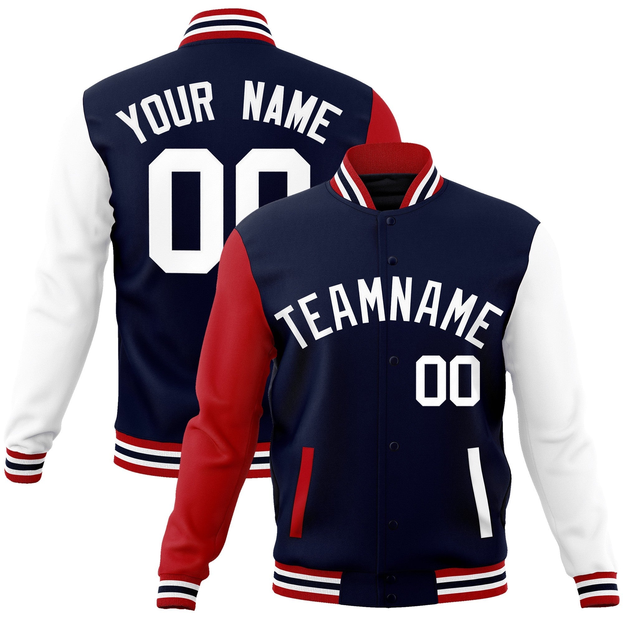 Custom Navy White Raglan Sleeves Varsity Full-Snap Letterman Jacket