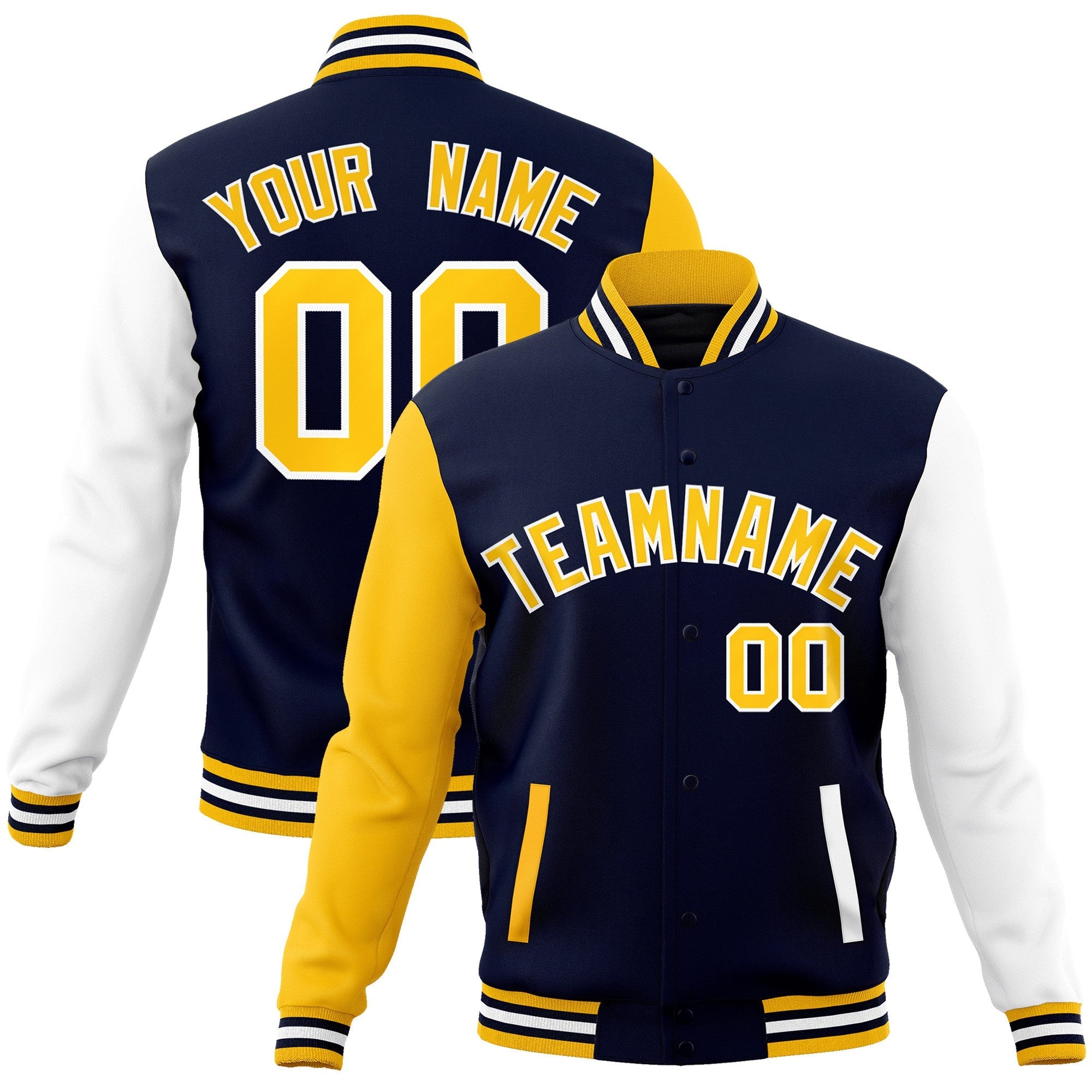 Custom Navy Gold-White Raglan Sleeves Varsity Full-Snap Letterman Jacket