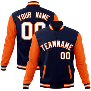 Custom Navy White-Orange Raglan Sleeves Varsity Full-Snap Letterman Jacket