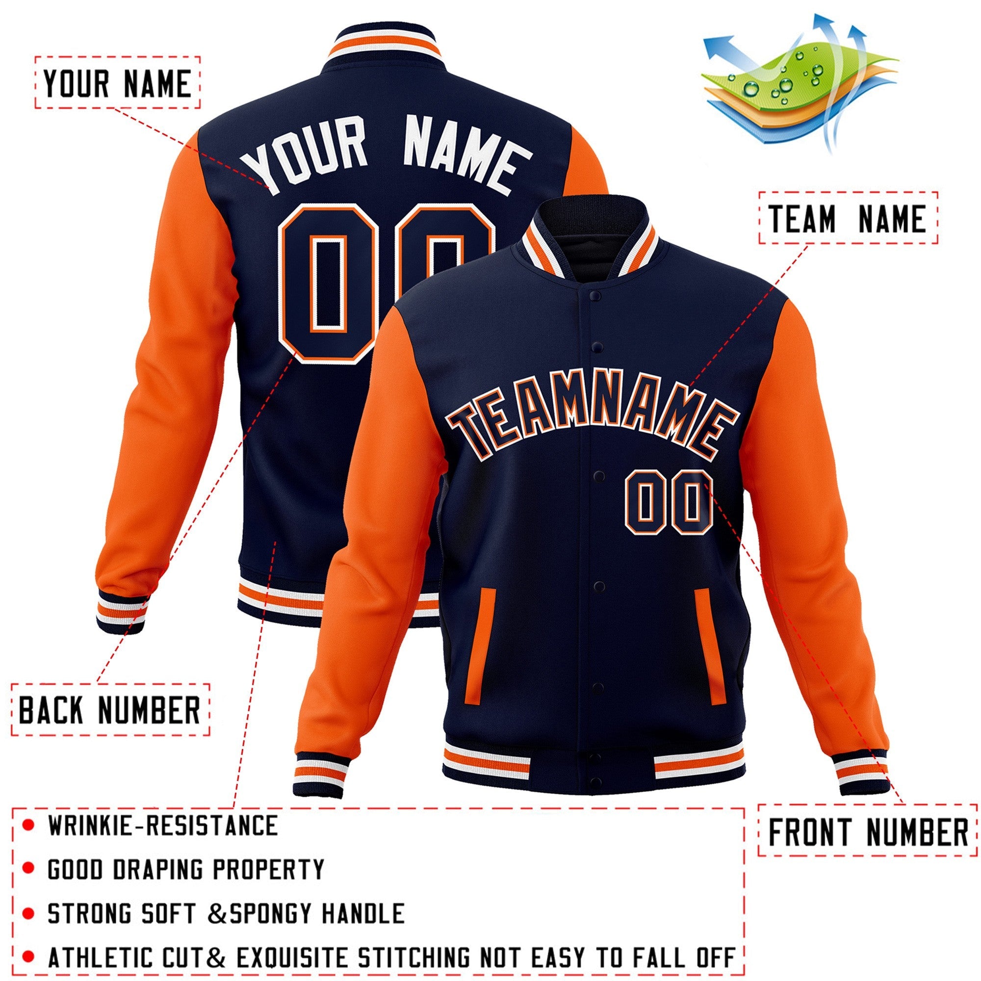 Custom Navy Navy-Orange Raglan Sleeves Varsity Full-Snap Letterman Jacket