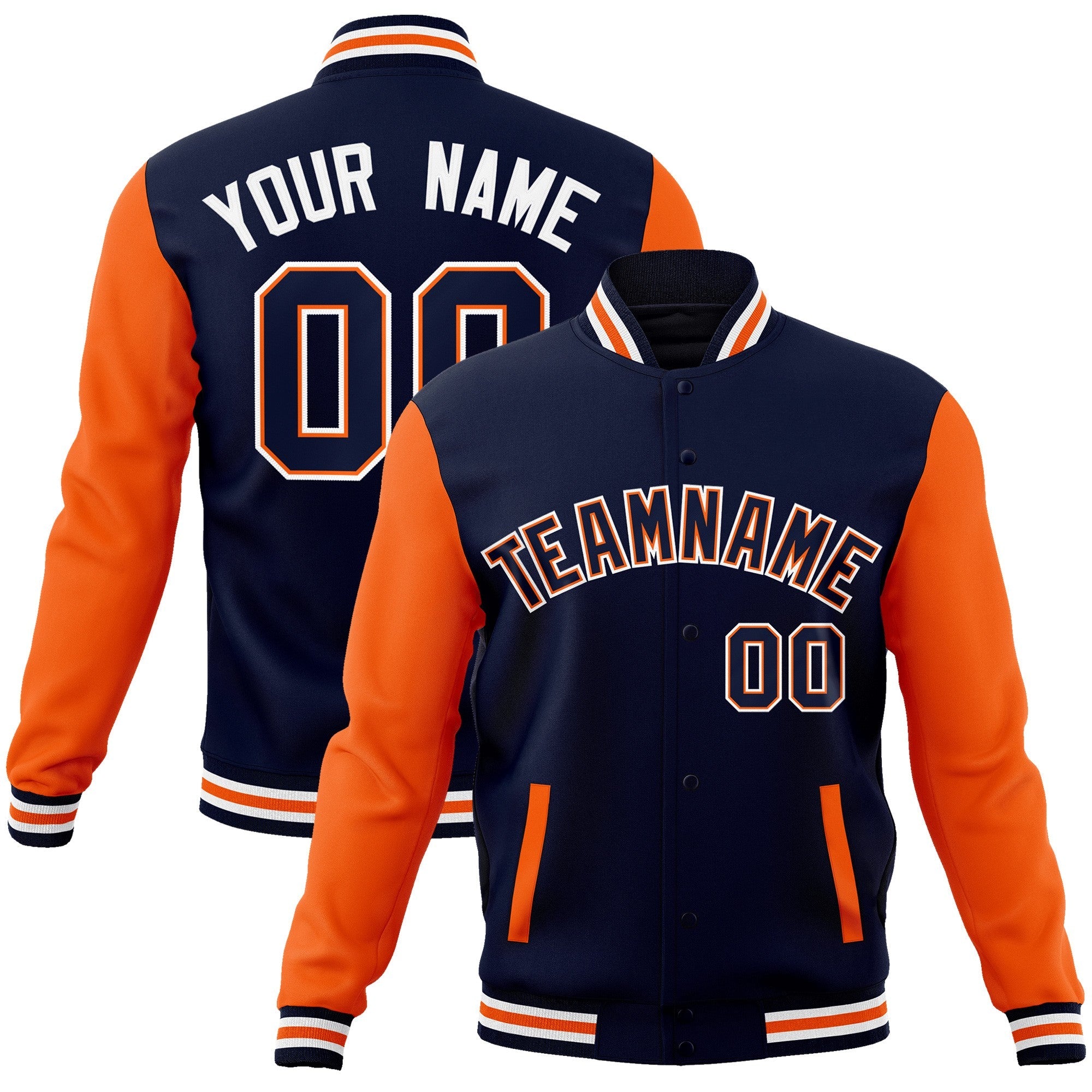 Custom Navy Navy-Orange Raglan Sleeves Varsity Full-Snap Letterman Jacket