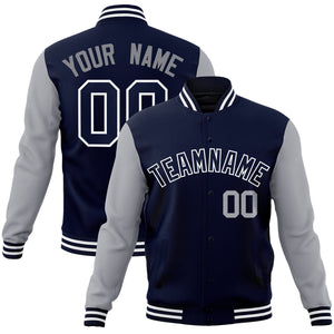 Custom Navy Navy-White Raglan Sleeves Varsity Full-Snap Letterman Jacket