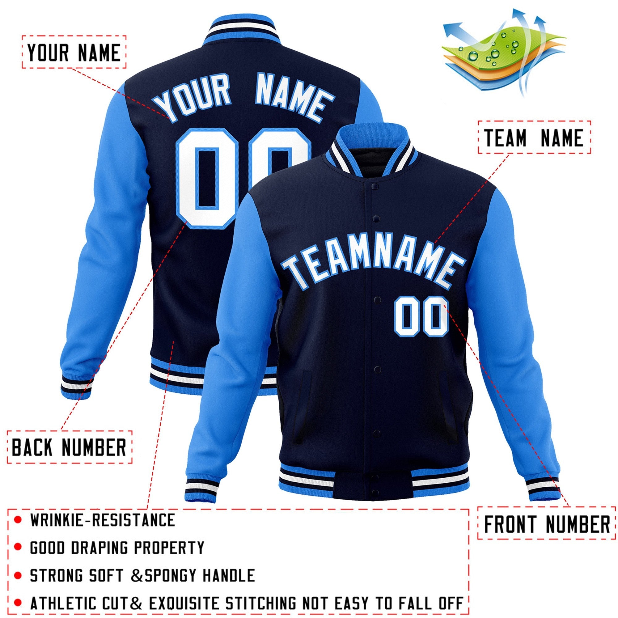 Custom Navy White-Powder Blue Raglan Sleeves Varsity Full-Snap Letterman Jacket