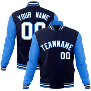 Custom Navy White-Powder Blue Raglan Sleeves Varsity Full-Snap Letterman Jacket