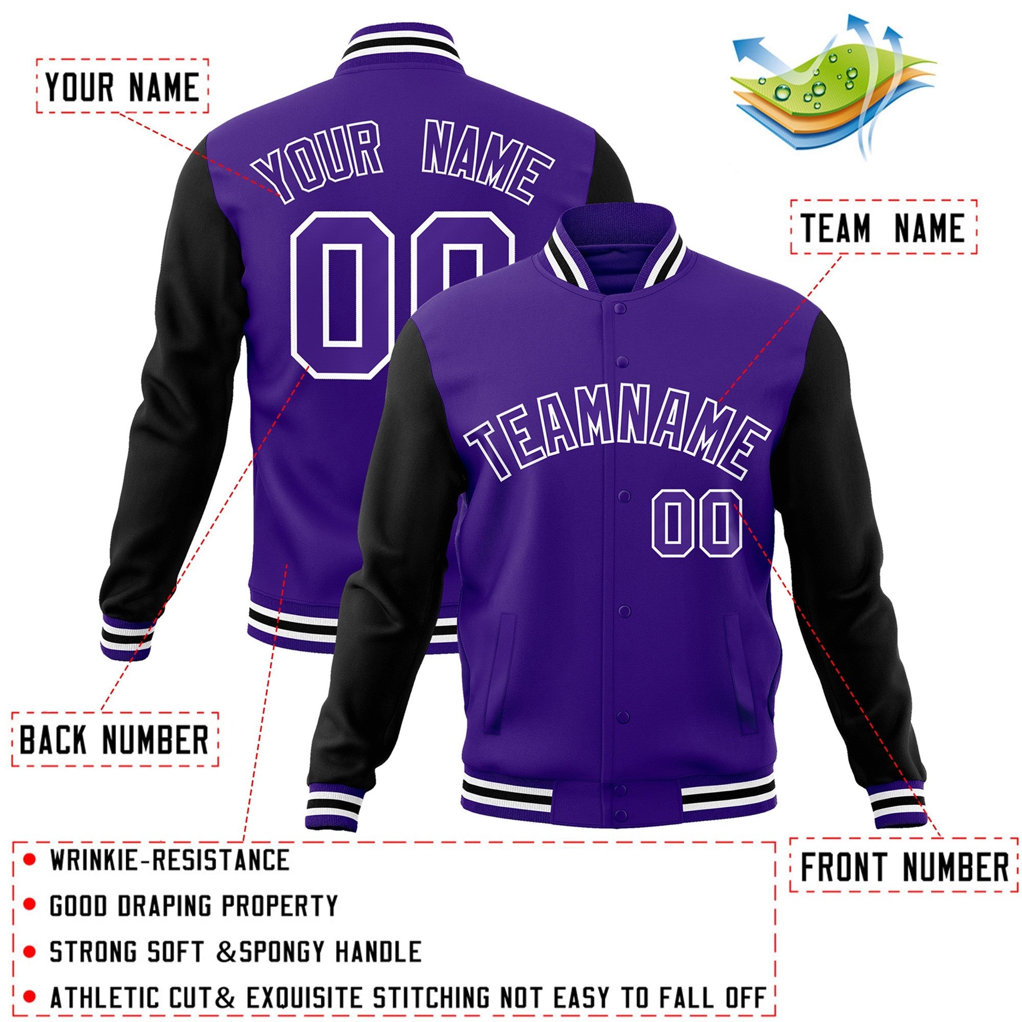 Veste Letterman Varsity Full-Snap à manches raglan violet noir-blanc personnalisée