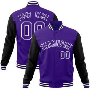 Custom Purple Black-White Raglan Sleeves Varsity Full-Snap Letterman Jacket