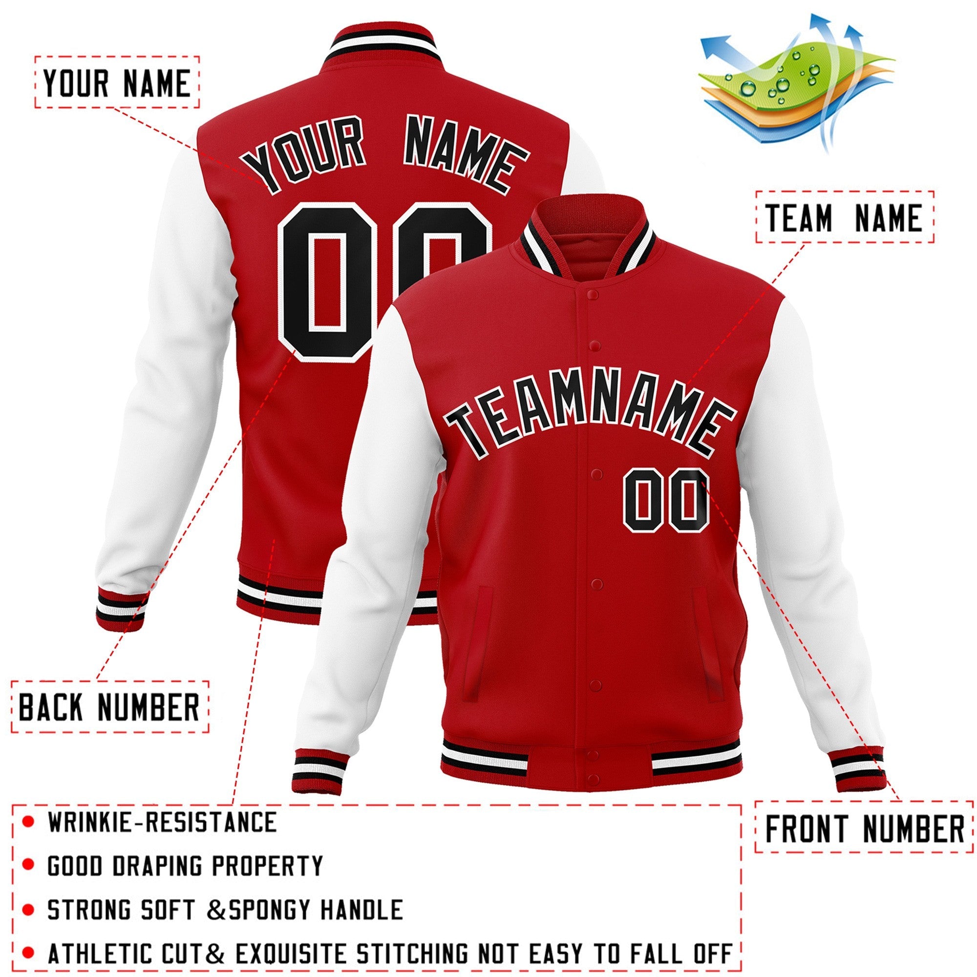 Veste Letterman Varsity Full-Snap à manches raglan rouge noir-blanc personnalisée