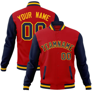 Veste Letterman Varsity Full-Snap à manches raglan rouge marine-or personnalisée