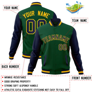 Veste Letterman Varsity Full-Snap à manches raglan personnalisées vert marine-or