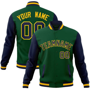 Custom Green Navy-Gold Raglan Sleeves Varsity Full-Snap Letterman Jacket