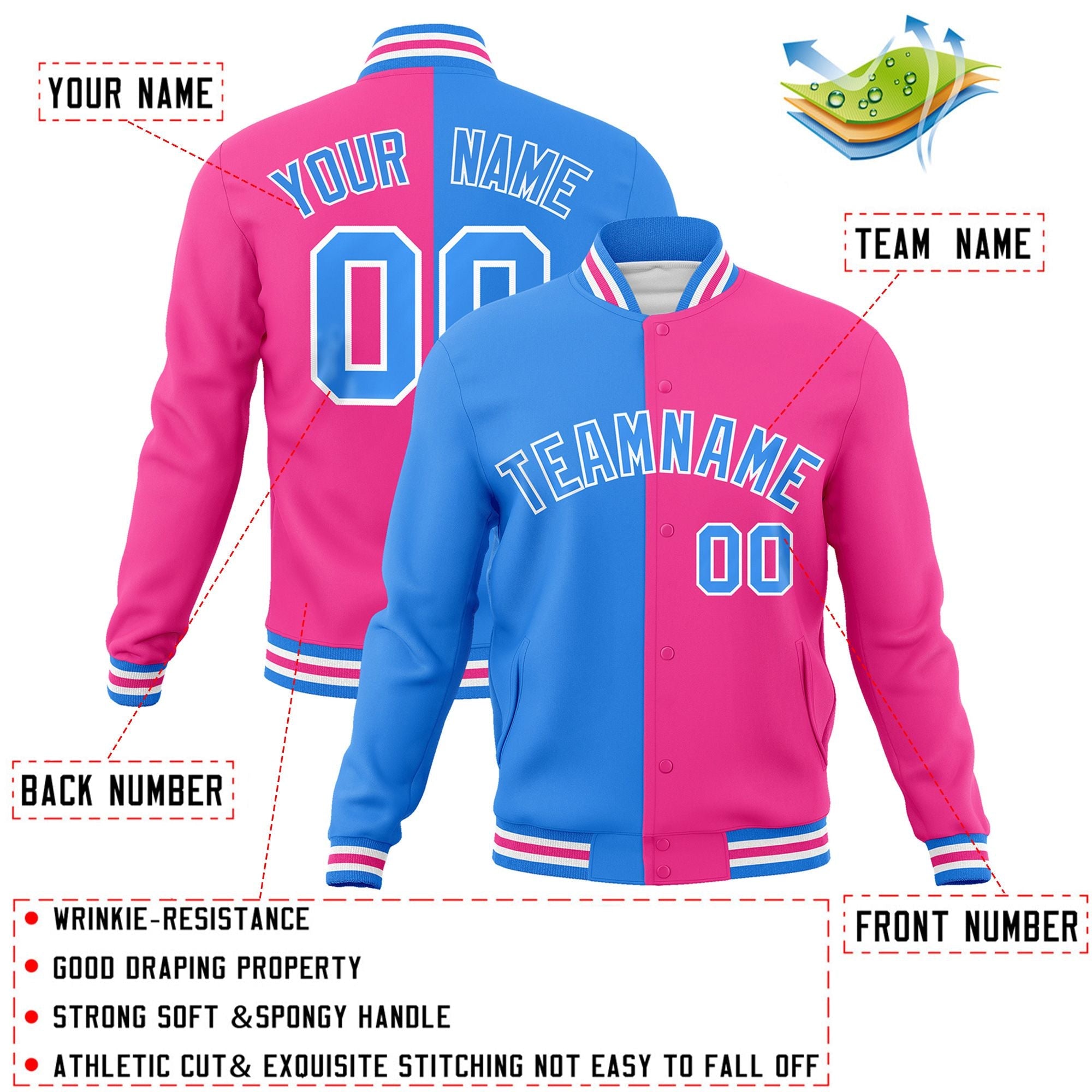 Custom Powder Blue Pink-Powder Blue Varsity Full-Snap Letterman Two Tone Split Fashion Jacket