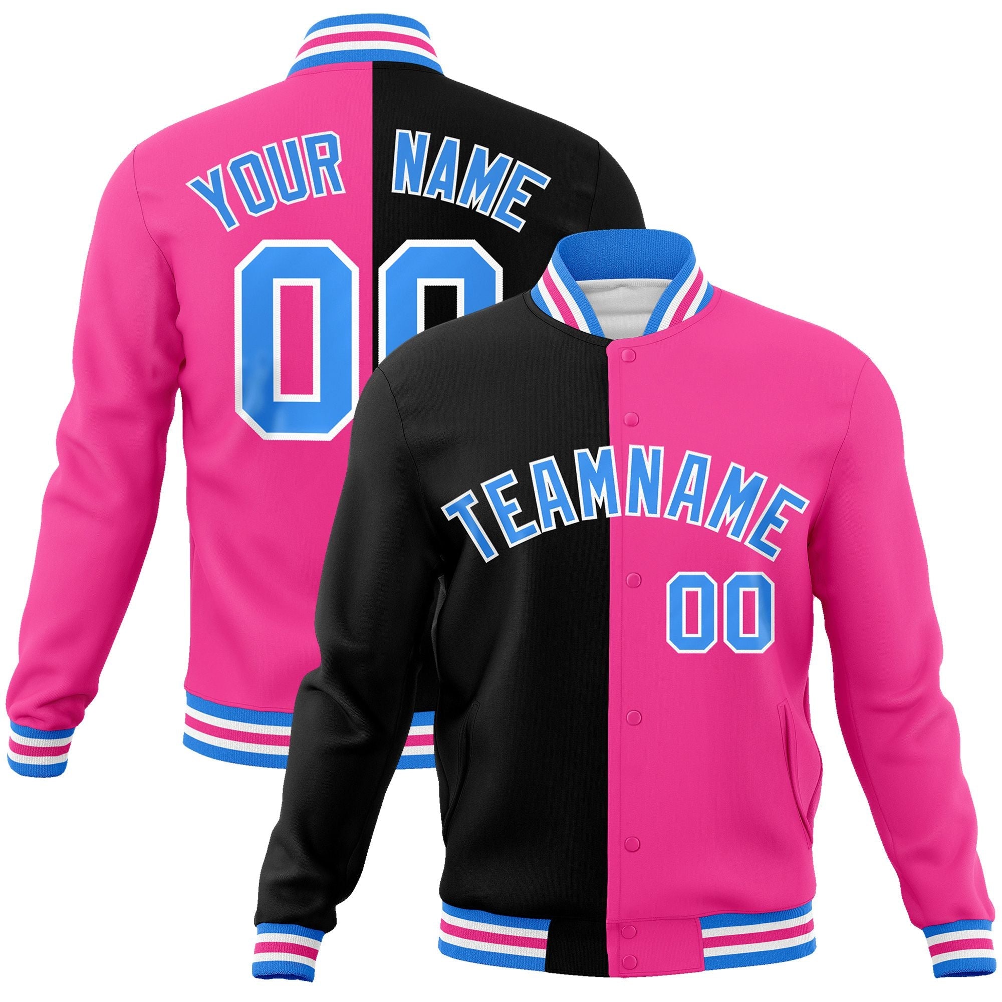 Custom Black Pink-Powder Blue Varsity Full-Snap Letterman Two Tone Split Fashion Jacket