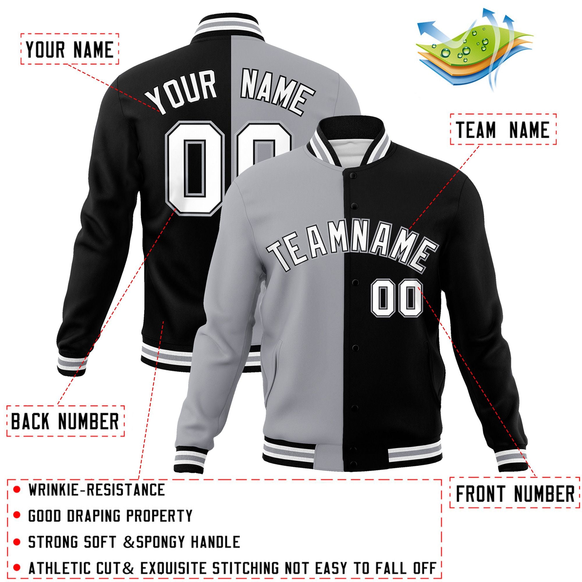 Custom Gray Black-White Varsity Full-Snap Letterman Two Tone Split Fashion Jacket