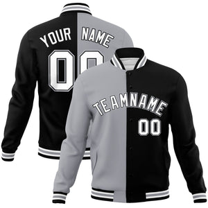 Custom Gray Black-White Varsity Full-Snap Letterman Two Tone Split Fashion Jacket