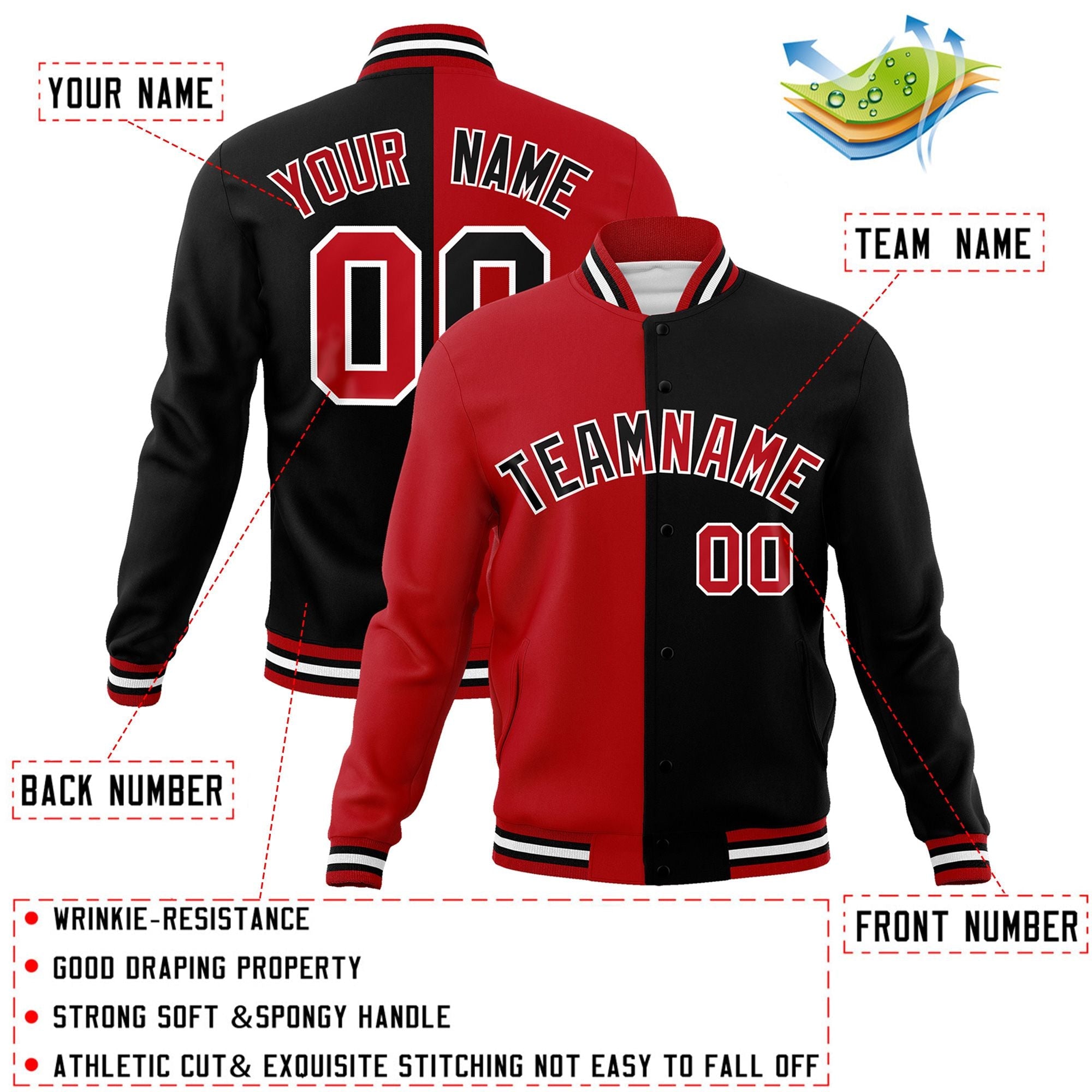 Custom Red Black-Black Varsity Full-Snap Letterman Two Tone Split Fashion Jacket