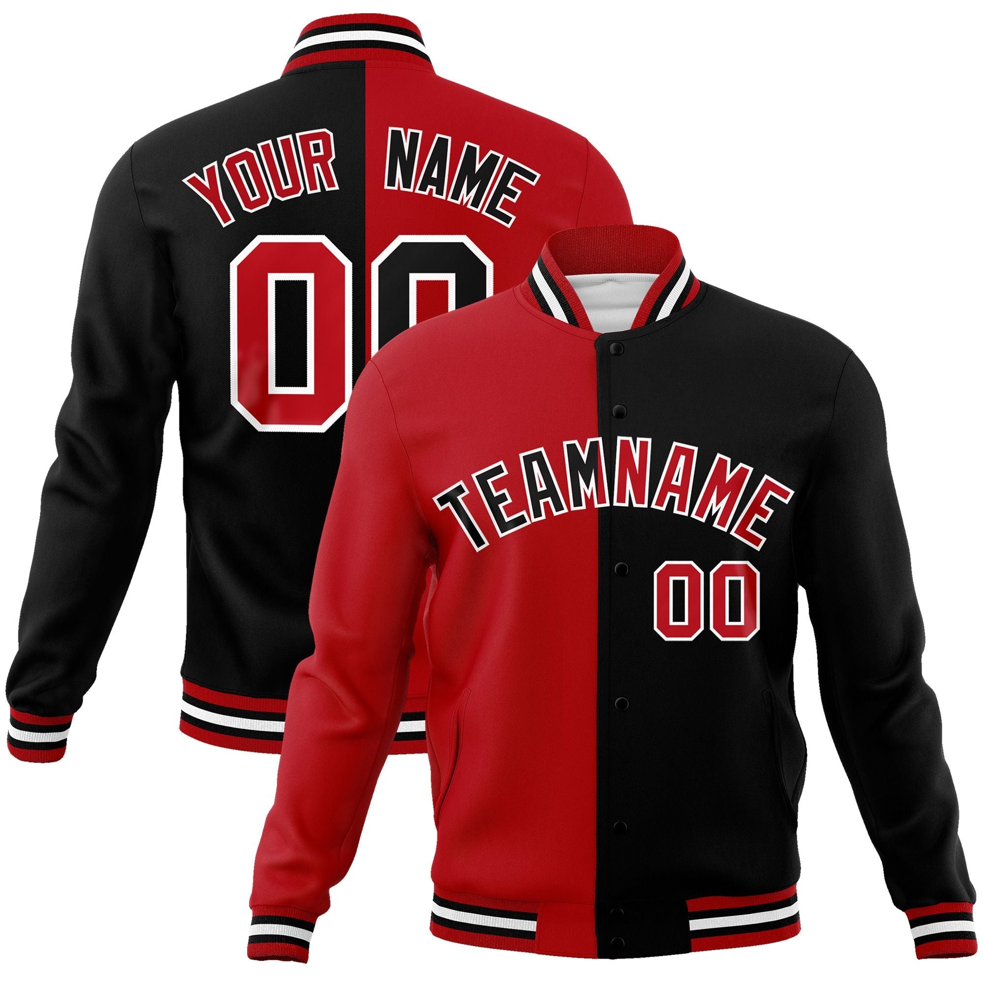 Custom Red Black-Black Varsity Full-Snap Letterman Two Tone Split Fashion Jacket