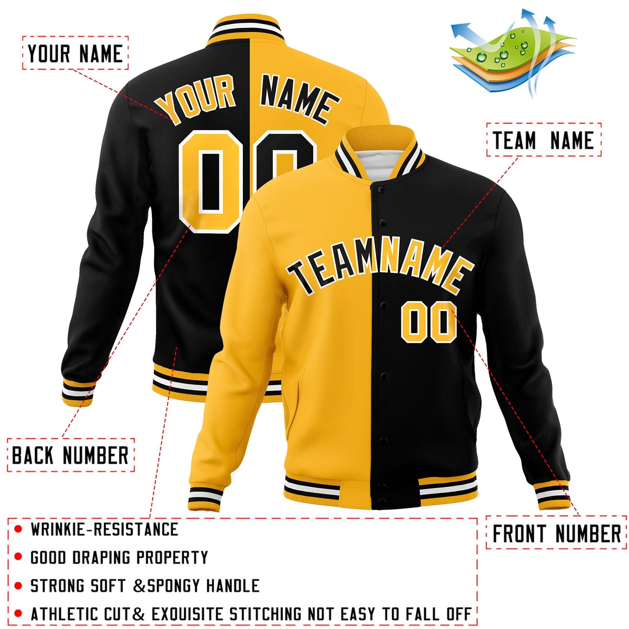 Custom Yellow Black-Black Varsity Full-Snap Letterman Two Tone Split Fashion Jacket